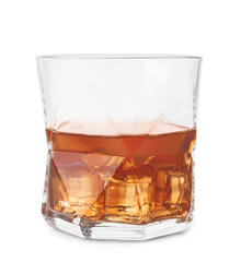 Glass of whisky with ice on white background