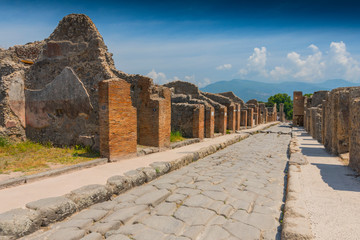 Main street at the ancient Roman city of Pompeii, which was destroyed and buried by ash during the...