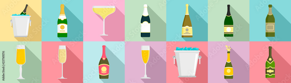 Poster champagne icon set. flat set of champagne vector icons for web design