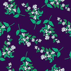 Seamless pattern with branches with white berries and green leaves on dark violet background. Hand drawn vector illustration.
