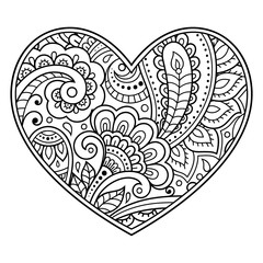 Mehndi flower pattern in form of heart for Henna drawing and tattoo. Decoration in ethnic oriental, Indian style. Coloring book page.