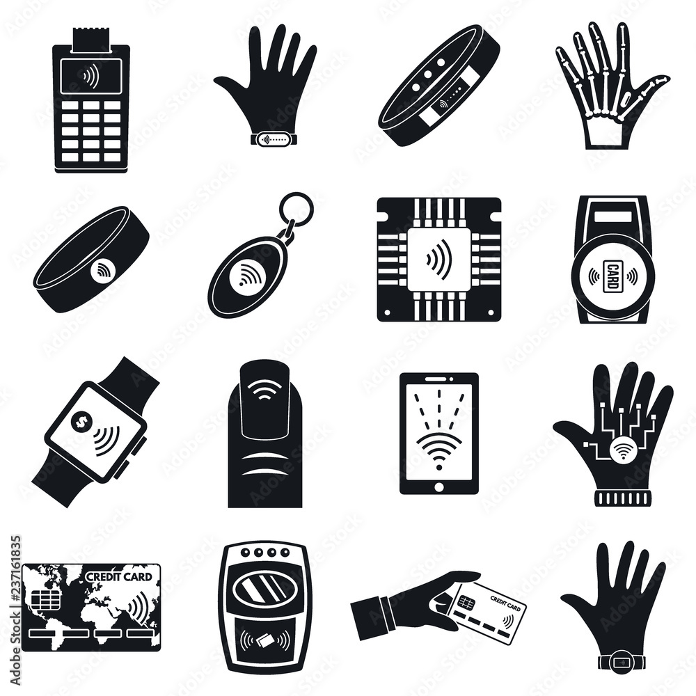 Poster nfc technology purchase icon set. simple set of nfc technology purchase vector icons for web design 