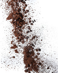 Coffee powder and coffee beans splash or explosion flying in the air