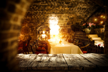 Christmas interior with dark wooden table and free space for your decoration 