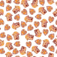 Seamless pattern with traditional christmas gingerbread on white background. Hand drawn watercolor illustration.