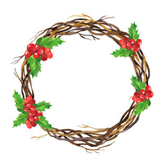 Christmas wreath witn dry branches and holly leaf berries isolated on white background. Hand drawn watercolor illustration. 
