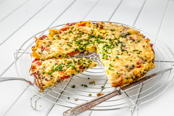 Healthy breakfast food, Stuffed egg omelette with vegetable and bacon