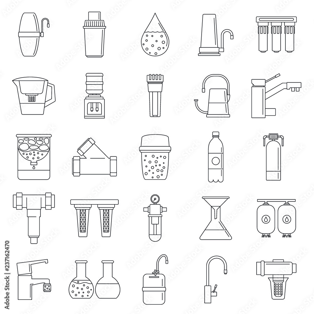 Poster filter water system icon set. outline set of filter water system vector icons for web design isolate