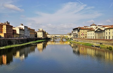 Look to the Arno River and the famous Bridge Vecchio, Florence, Italy.