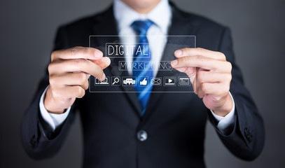 Businessman holding virtual screen, Digital Marketing dashboards.
