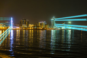 Obraz premium Baku, Azerbaijan - September 23, 2018: Night view of the building of the main Azerbaijani information and entertainment channel AZTV. Republic of Azerbaijan