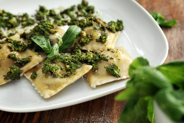 Tasty ravioli on plate, closeup