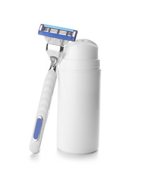 Razor and bottle with gel for shaving on white background