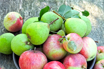 Harvest apples and pears. Fresh apples and pears in a bowl on a wooden surface