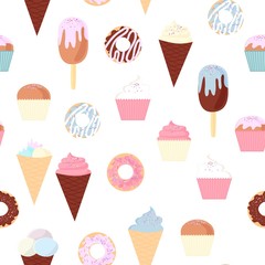 pattern from a set of colorful delicious cupcakes, cakes, desserts, ice cream and donuts. Cupcake icons, flat style. Vector. elements for the new year, holiday cards, greeting cards