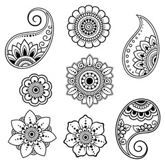Set of Mehndi flower pattern for Henna drawing and tattoo. Decoration in ethnic oriental, Indian style.