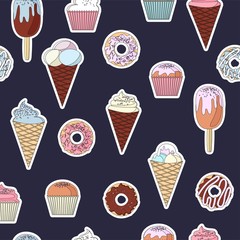 pattern from a set of colorful delicious cupcakes, cakes, desserts, ice cream and donuts. Cupcake icons, flat style. Vector. elements for the new year, holiday cards, greeting cards