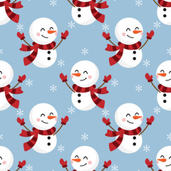 Seamless pattern of cute snowman wearing red scarf with snowflakes on light blue background. Vector illustration for Christmas holidays.