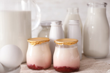 Different milk products on table