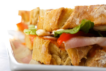 Handmade bread. Detail of sandwiches on plate.