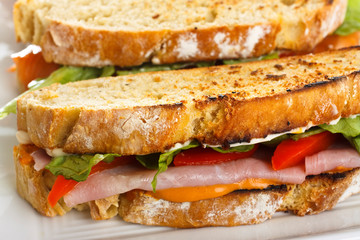 Handmade bread. Detail of sandwiches on plate.