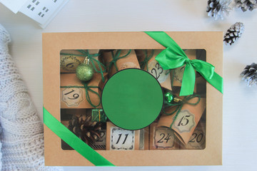 Merry Christmas composition with present box. Advent calendar idea. Place for your text