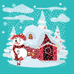 Christmas snowman isolated on blue background.illustration. Hand drawn character, Winter card