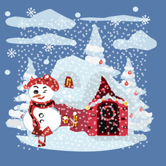 Christmas snowman isolated on blue background.illustration. Hand drawn character, Winter card
