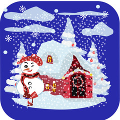Christmas snowman isolated on blue background.illustration. Hand drawn character, Winter card