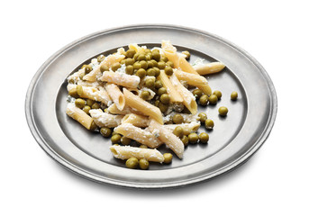 Metal tray with tasty penne pasta on white background