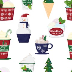 pattern of a set of colorful delicious cupcakes, cakes, desserts, ice cream with Christmas and new year decorations.flat style. Vector. elements for the new year, holiday cards, greeting cards