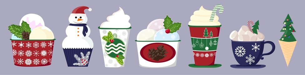 set of colorful delicious cupcakes, cakes, desserts, ice cream and donuts. Cupcake icons, flat style. Vector. elements for new year, holiday cards, birthday cards