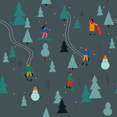 Fototapeta na wymiar Skiing seamless pattern with people skiing and snowboarding in the snow forest in vector. Winter season background people vector illustration flat design