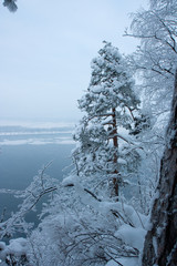 The view on the Volga river and Zhiguli hills near Zhigulevsk city in winter.