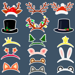 Happy New Year and Merry Christmas. Set of sixteen different hats of stickers and accessories for the Christmas holidays in a white stroke on a dark background. Flat style, vector