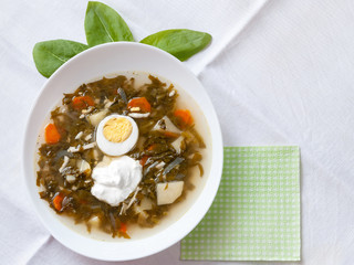 Ukrainian green borsch with egg sour cream and sorrel in a white plate. National cuisine. The concept of healthy eating.