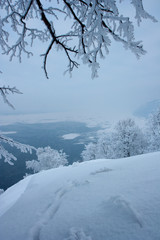 The view on the Volga river and Zhiguli hills near Zhigulevsk city in winter.