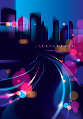 Abstract urban night light bokeh , defocused background. Effect vector beautiful background. Blur colorful dark background with cityscape, buildings silhouettes skyline.