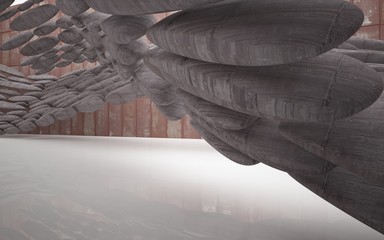 Empty smooth abstract room interior of sheets rusted metal with gray concrete and white glossy floor. Architectural background. 3D illustration and rendering