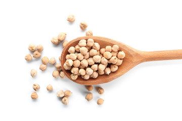 Spoon with dried chickpeas on white background