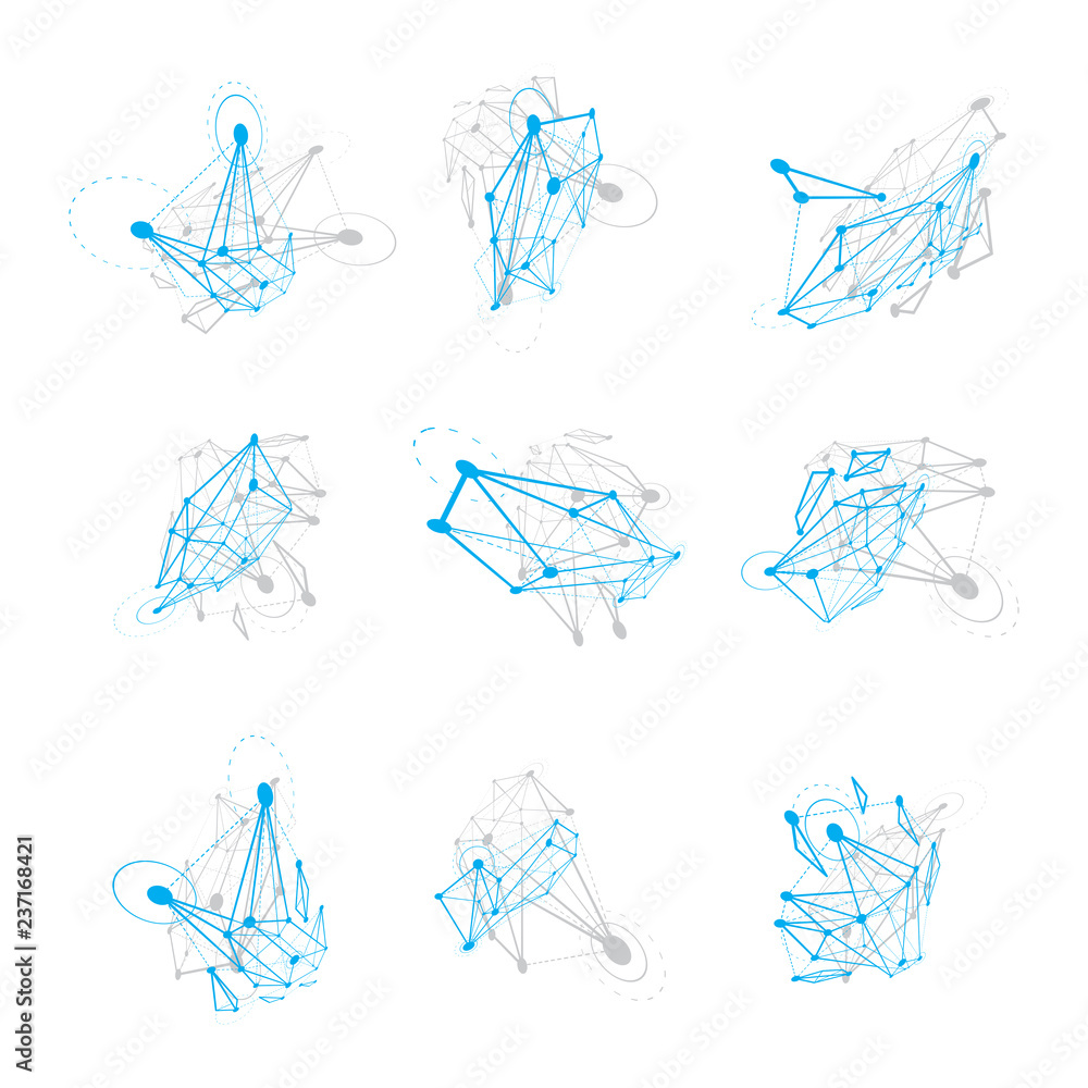 Poster set of perspective technology shapes, polygonal wireframe objects collection. abstract faceted eleme