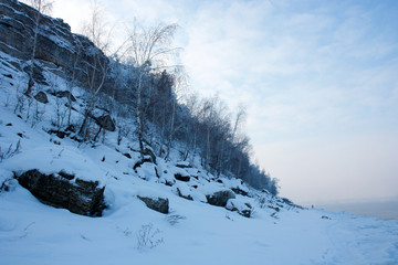 The view on the Volga river and Zhiguli hills near Zhigulevsk city in winter.