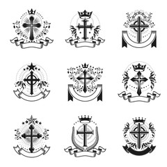 Fototapeta premium Christian Crosses emblems set. Heraldic Coat of Arms decorative logos isolated vector illustrations collection.