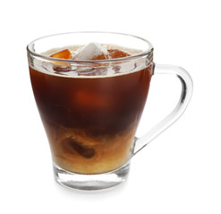 Glass cup of cold coffee on white background