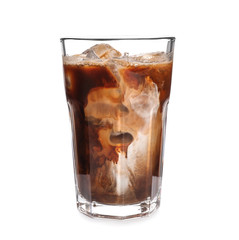 Glass of cold coffee on white background