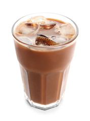 Glass of cold coffee on white background