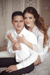 Happy newlywed couple wedding portrait. Beautiful bride and handsome groom in love. Romantic relationship.