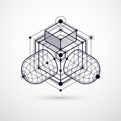 Vector of modern abstract cubic lattice lines black and white background. Layout of cubes, hexagons, squares, rectangles and different abstract elements. Abstract technical 3D background.
