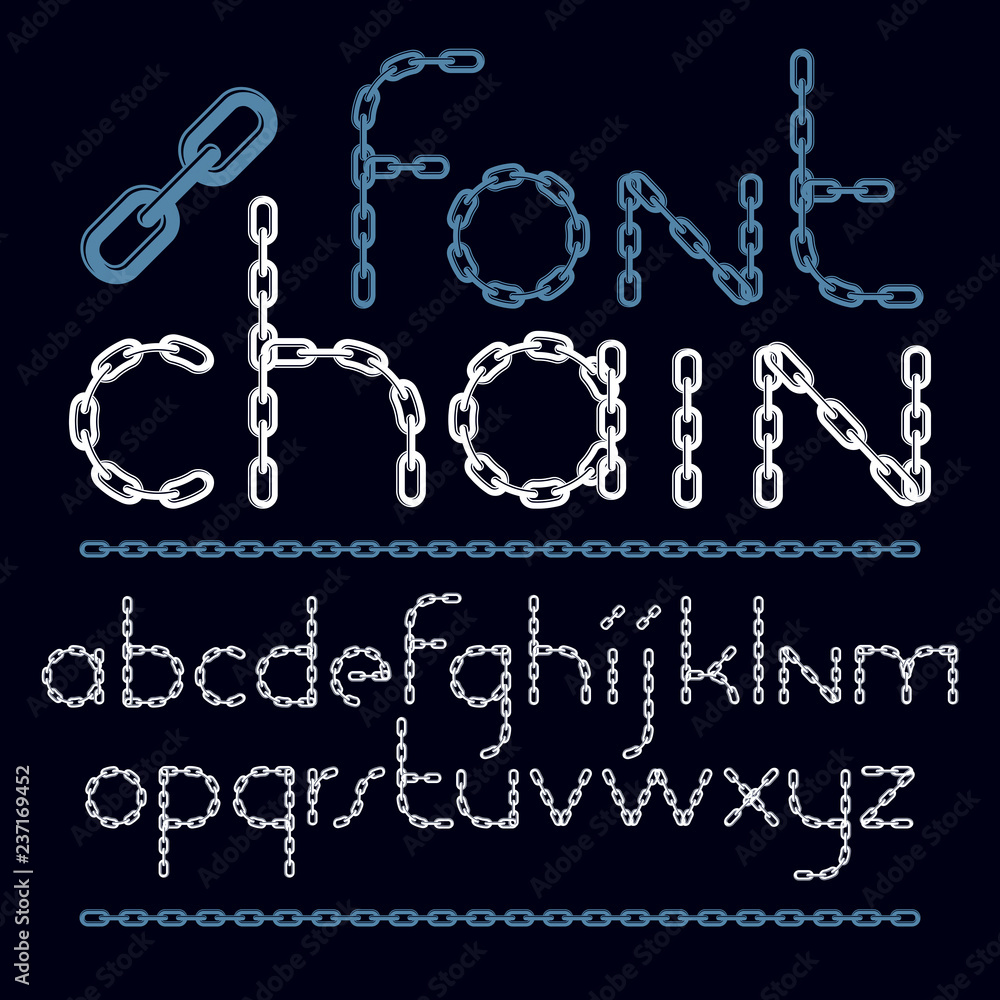 Poster set of vector english alphabet letters isolated. lower case decorative font created using chrome cha