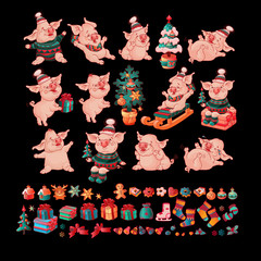Big Set of pigs and Christmas toys. Vector.
